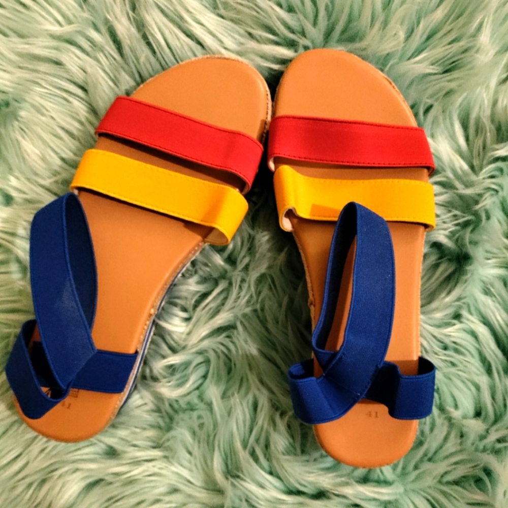 Wrap around ankles sandals, yellow, blue, and red with white stripes